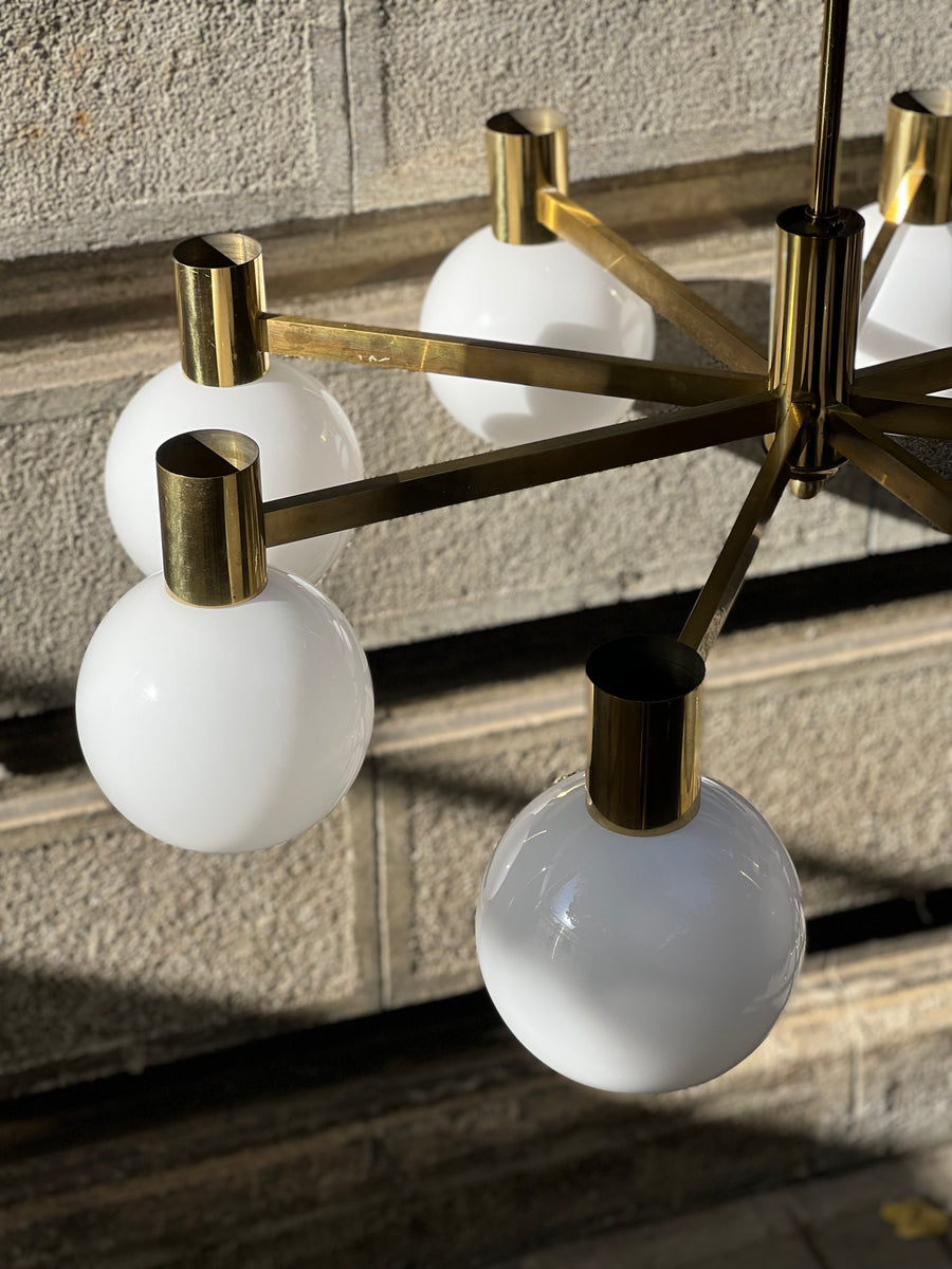Quadriennale 4 Arms Brass Chandelier, Twin Shades, Contrappeso, 4