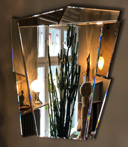POST MODERN 1980S LARGE BEVELLED MIRROR WITH BLUE INSERTIONS