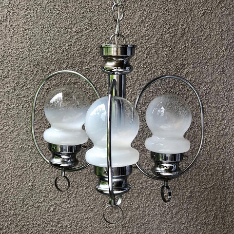 LARGE ITALIAN MID CENTURY CHROME CHANDELIER WITH WHITE TRANSPARENT GLASS GLOBES