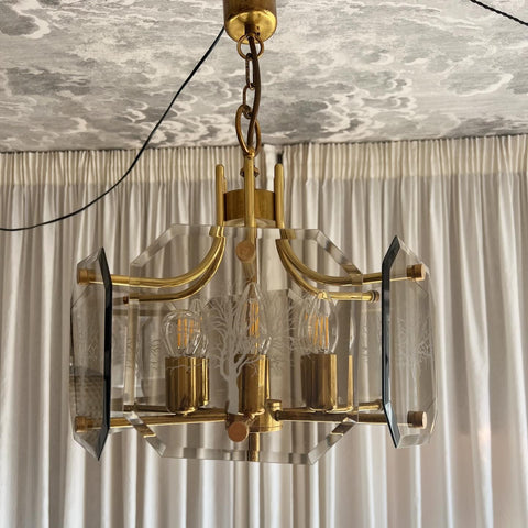 VINTAGE BRASS AND SMOKEY GLASS CHANDELIER WITH ENGRAVED TREES