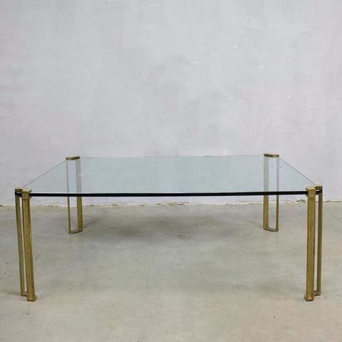 BRUTALIST GLASS & BRASS COFFEE TABLE BY PETER GHYCZY, 1970s