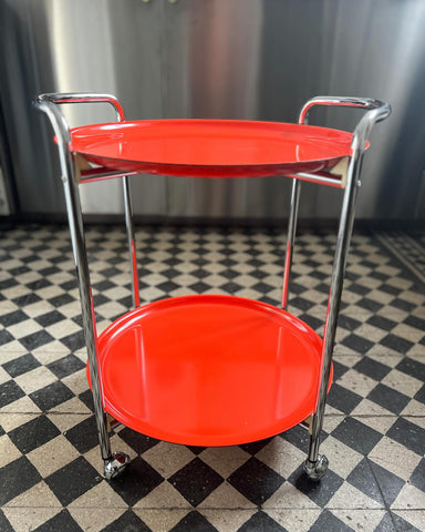 VINTAGE 1970s ROUND RED TRAY TROLLEY CART ON WHEELS