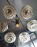 MID CENTURY MODERN BRASS CHANDELIER WITH 6 HONEY COLORED THICK GLASS SHADES