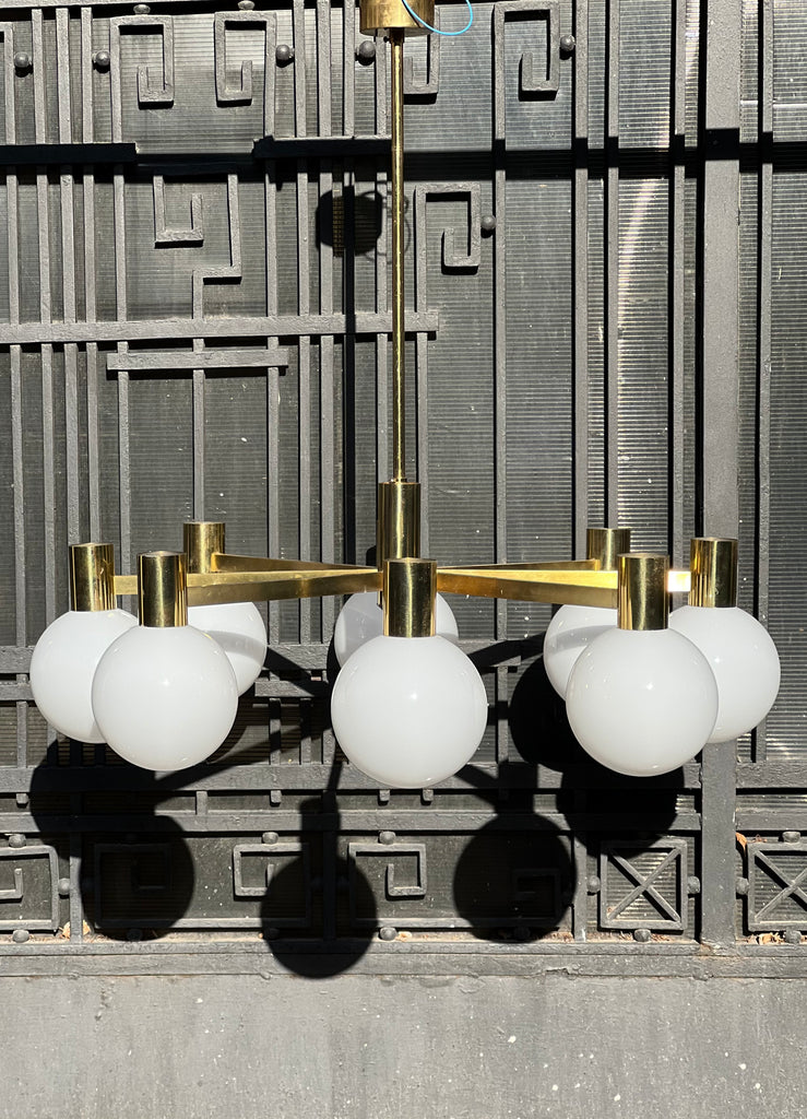 MCM 8-ARM BRASS CHANDELIER WITH OPALINE GLOBES – HeartWood