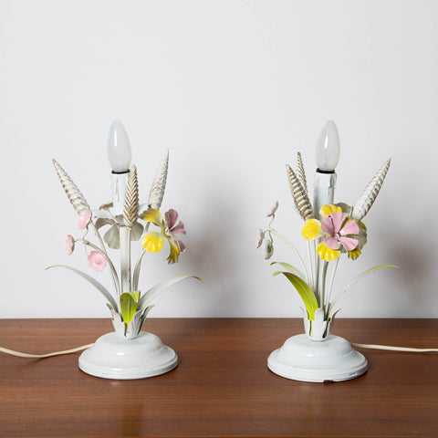 1960's ITALIAN TOLE METAL FLORAL NIGHTSTAND LAMPS