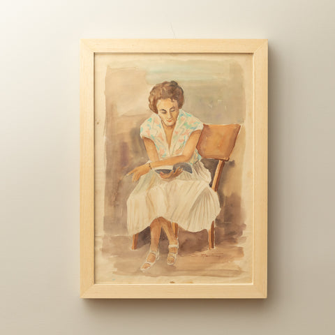 VINTAGE WATERCOLOR PAINTING OF READING LADY ON PAPER