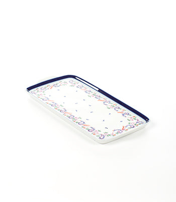 RECTANGULAR BLUE-RIMMED HAND PAINTED PORCELAIN TRAY