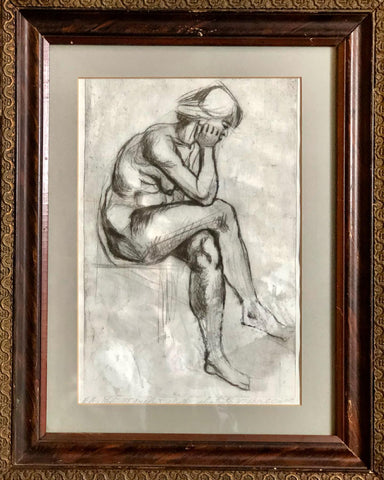 CRAYON AND INK ON PAPER OF FEMININE NUDE